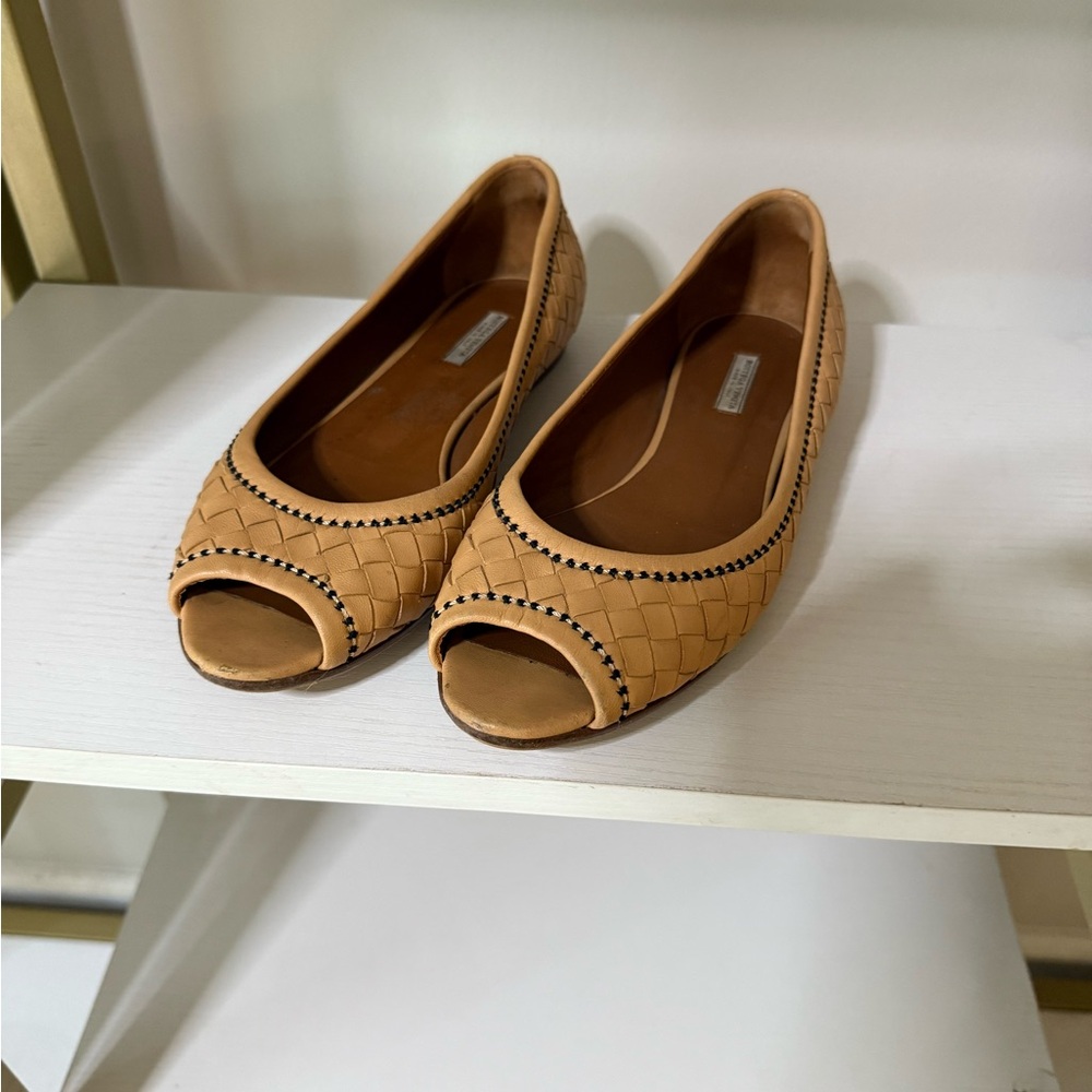 Tan Peep-Toe Woven Flats